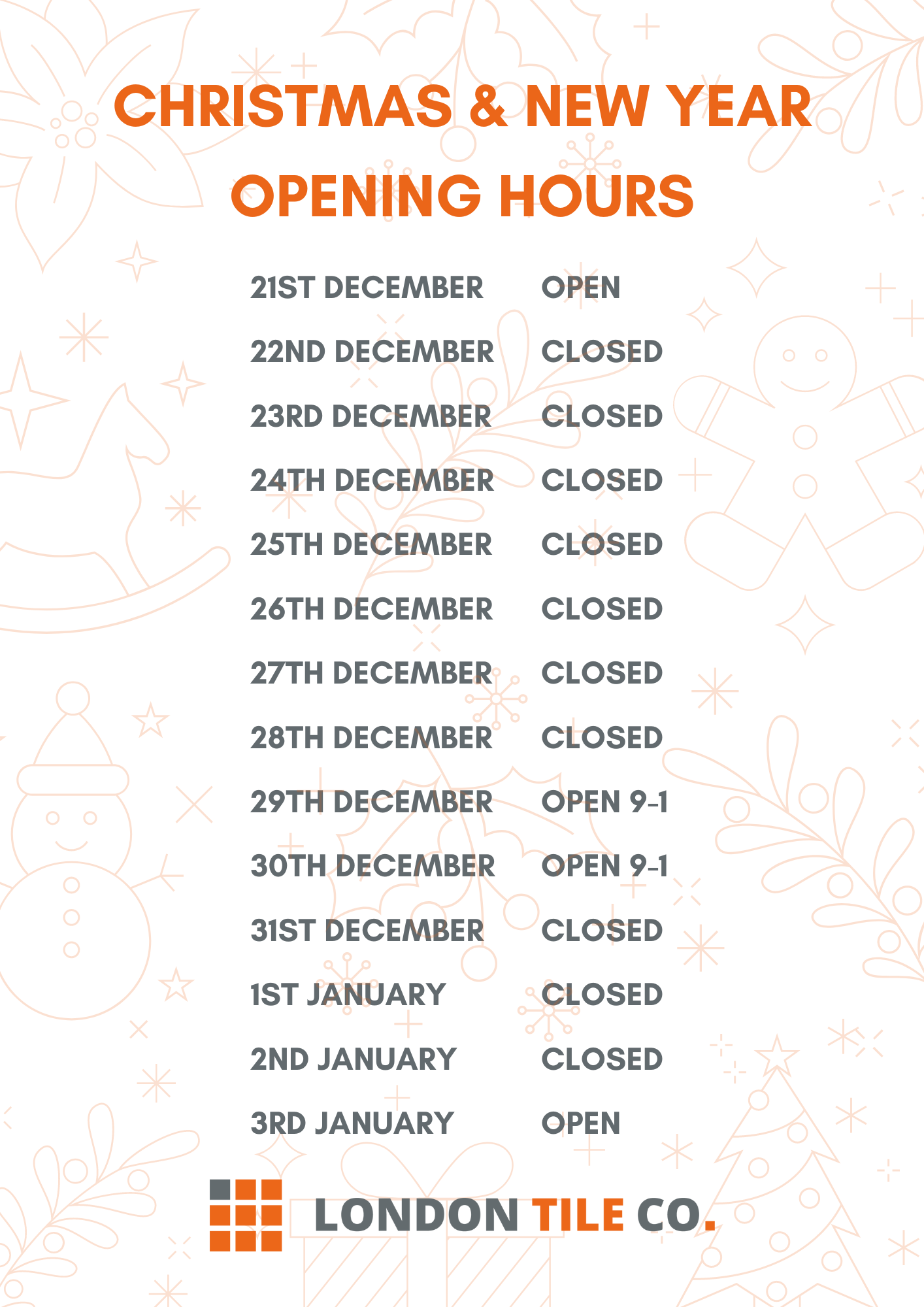 Christmas & New Year Opening Hours London Tile Co