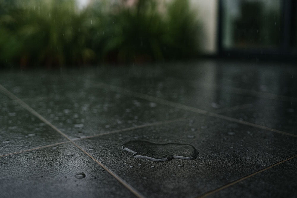 Slip resistant outdoor tiles with water on them